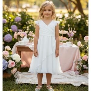 DB Studio Girls White Size 5 Chiffon Flower Dress Flutter Sleeve Layered
